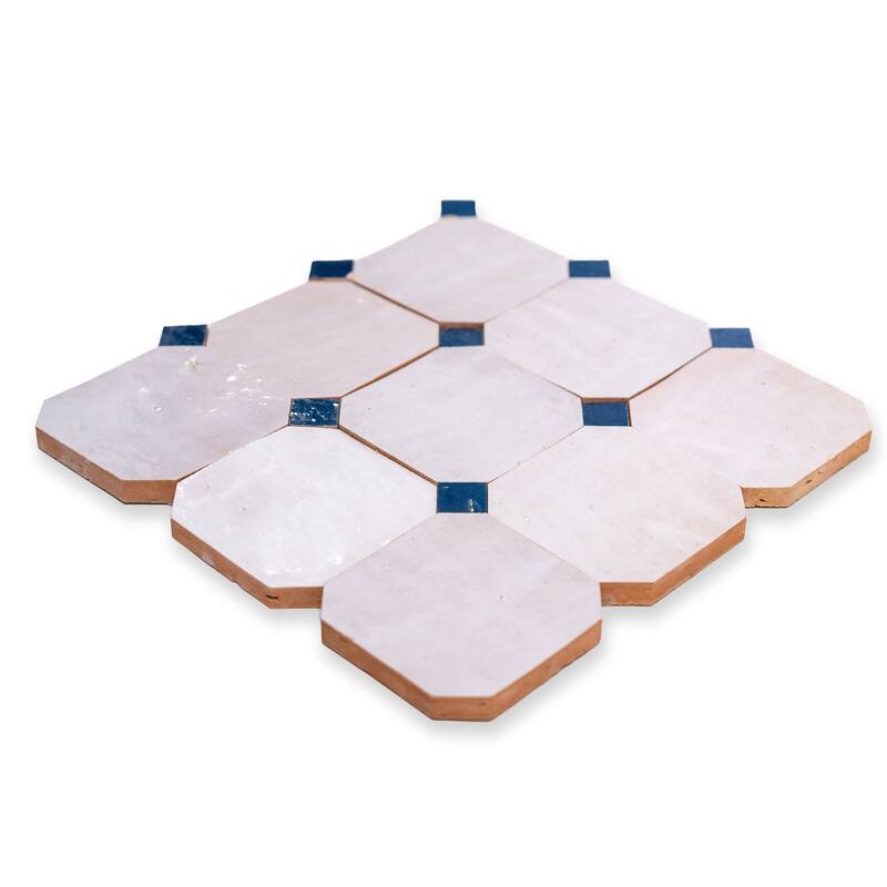 Contemporary Zellige Panels, 12" X 12" X 1/2", White -Moroccan blue Accents