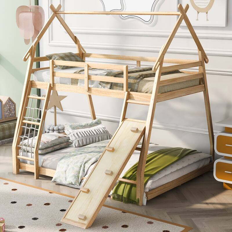 Twin Over Queen House Bunk Bed with Climbing Nets & Climbing Ramp