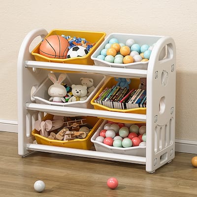 Kids Toy Storage Organizer with 6 Bins, Multi-functional Nursery Organizer, Toy Storage Cabinet Unit with HDPE Shelf and Bins