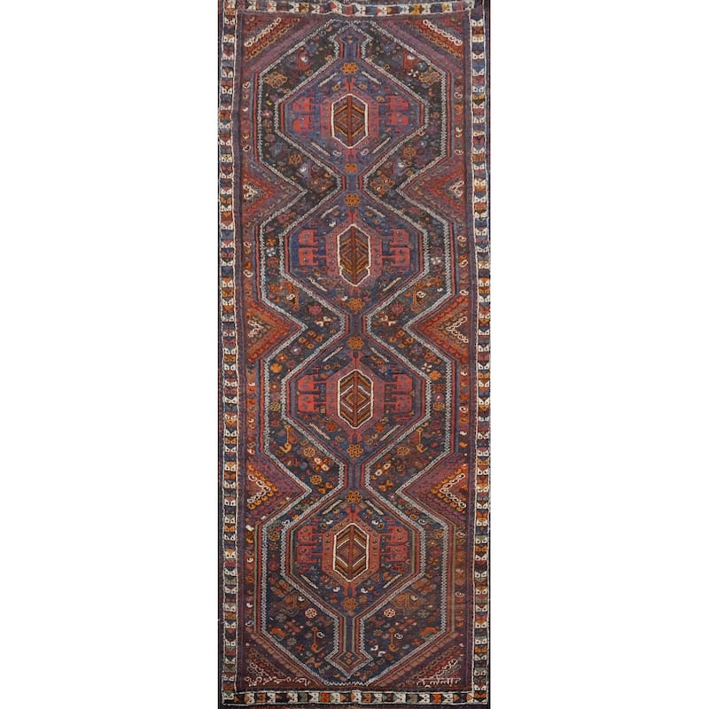 Hand Knotted Oriental 100% Wool Carpet Traditional Tribal Navy Blue & Blues Shiraz Runner Rug - 12' 2'' X 4' 3''