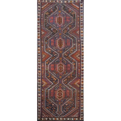 Hand Knotted Oriental 100% Wool Carpet Traditional Tribal Navy Blue & Blues Shiraz Runner Rug - 12' 2'' X 4' 3''