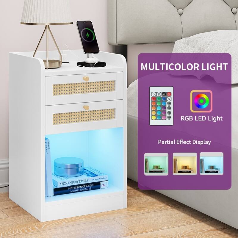 Moasis Rattan Set of 2 Nightstand with Charging Station LED Lights
