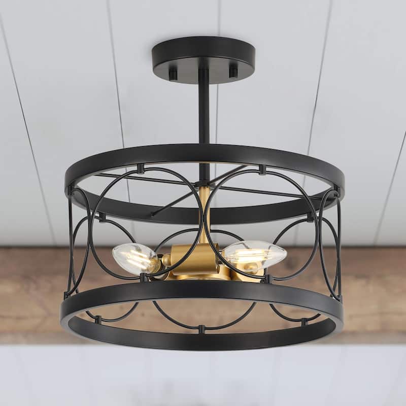 Farmhouse 3-Light Openwork Metal Drum Shade Semi-Flush Mount Ceiling Light