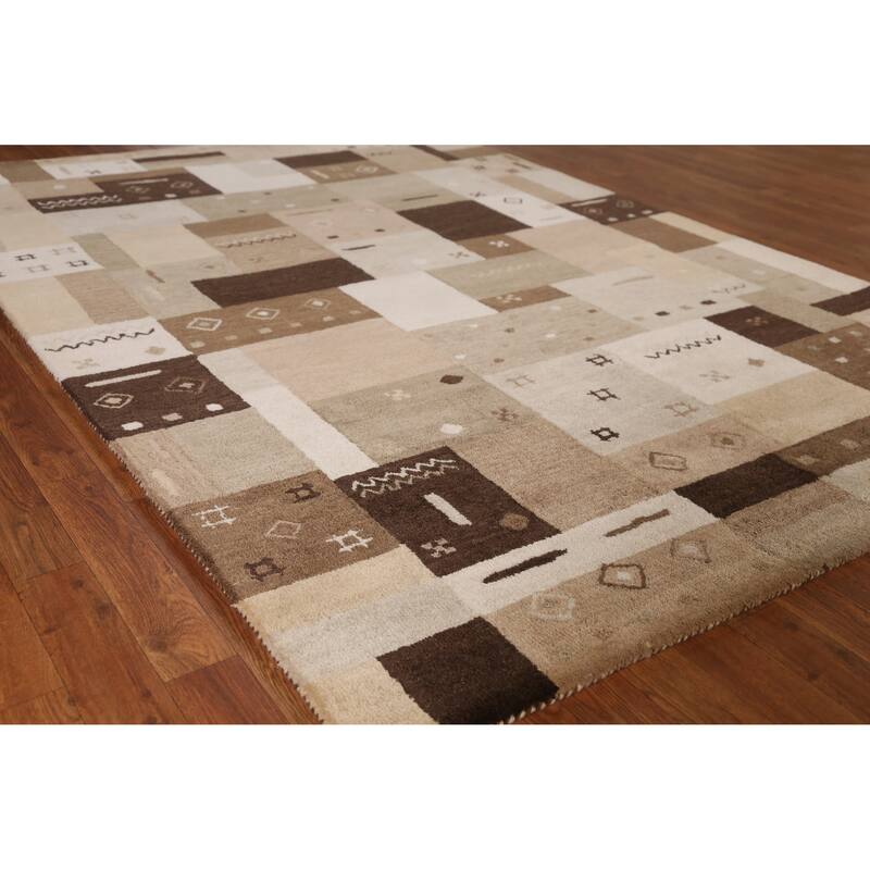 Tribal Geometric Gabbeh Indian Area Rug Brown Handmade Wool Carpet - 5'3" x 7'7" - 5'3" x 7'7" - Brown