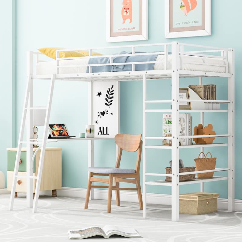 Metal High Loft Bed Frame with 3 Layers of Shelves and Desk, Kids Loft Bed Whiteboard, for Kids Bedroom