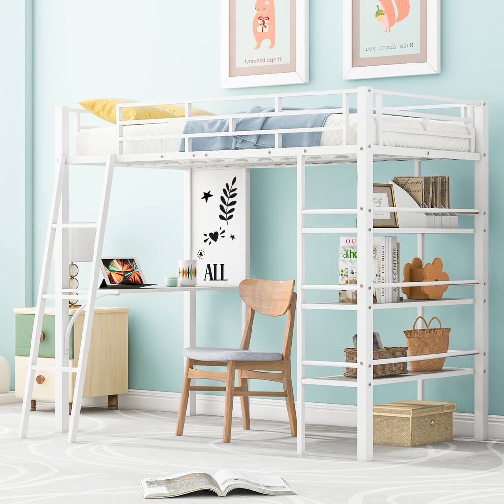 Stylish Twin Size Loft Metal Bed with Shelves, Desk, and Whiteboard - Space-Saving Metal Frame Bed for Work and Play