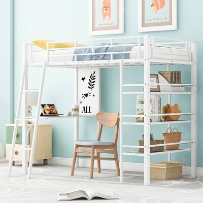 Twin Size Loft Metal Bed with 3 Layers of Shelves and Desk