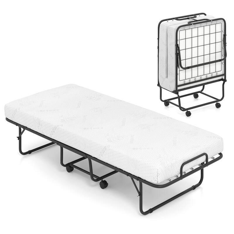 White Memory Foam Folding Guest Bed with Wheels and Metal Frame Support - 75" L x 31" W x 16.5" H - Black-White