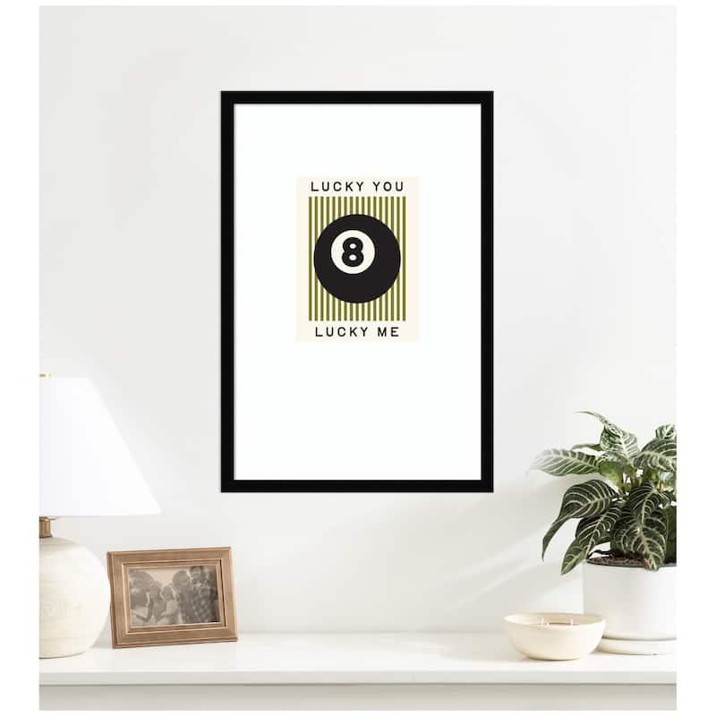 Kate and Laurel Lucky You Lucky Me Green Striped 8 Ball Print, Decor for Home Retro Poster by Lucky Guava Framed Wall Art Print