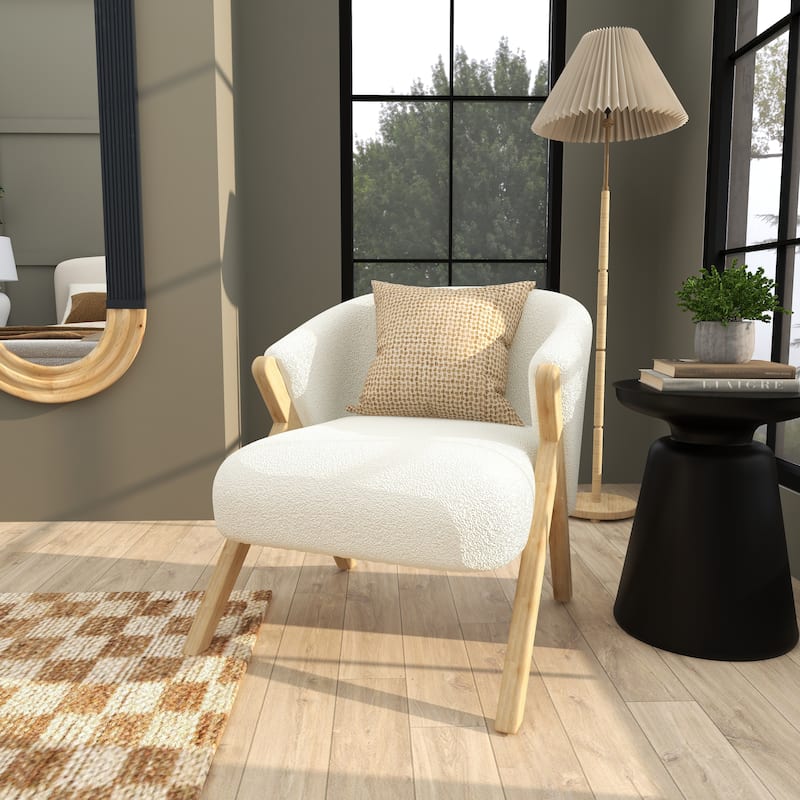 White Polyester Rounded Boucle Living Room Accent Chair with Angled Wooden Legs