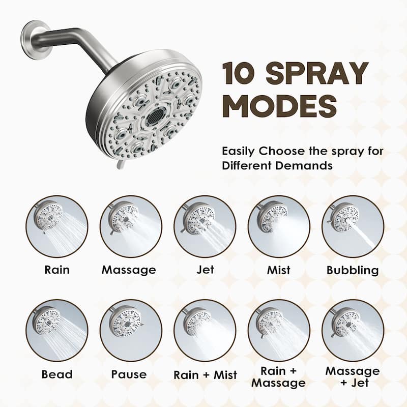 10-Spray Patterns 5 in. Wall Mount Rain Fixed Shower Head with Shower Arm and Flange
