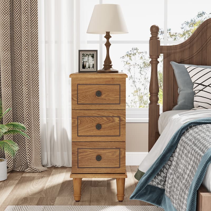 Solid Wood End Table with 3 Drawers, Fully Assembled Narrow Side Table