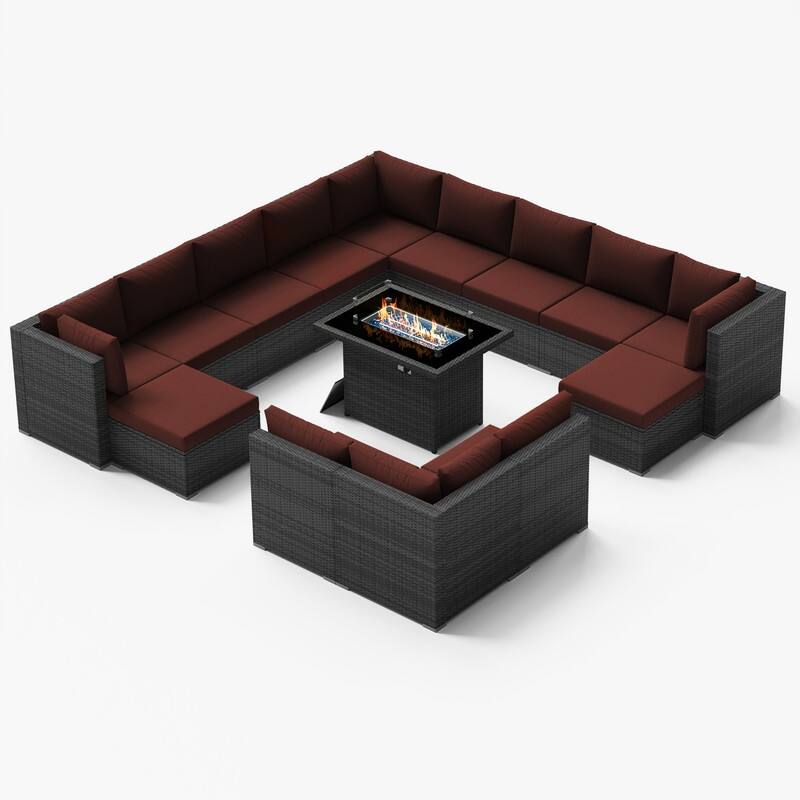 FINCATI Outdoor Grey Wicker Sectional Furniture Patio Sofa Set with Firepit Table