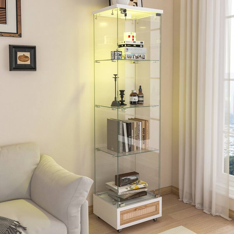Glass Display Cabinet With Drawer,Cabinet With Led Lights,Tempered Glass Bookshelf, 1-Door Storage Case With 4 Shelves