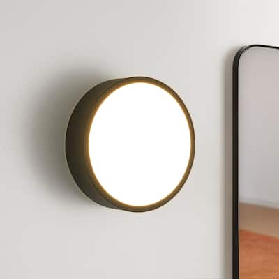 7.87 in. Modern Matte Black Round LED 3000K Warm Light Wall Sconce - 7.87 in. W x 3.35 in. H