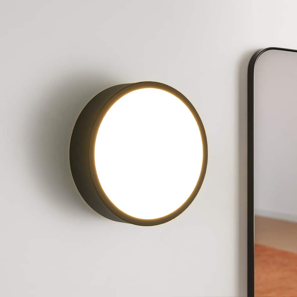 7.87 in. Modern Matte Black Round LED 3000K Warm Light Wall Sconce - 7.87 in. W x 3.35 in. H