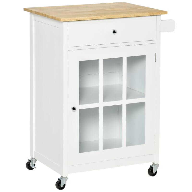 HOMCOM 27" Rolling Kitchen Island Cart with Drawer and Glass Door Cabinet, Kitchen Trolley with Adjustable Shelf and Towel Rack