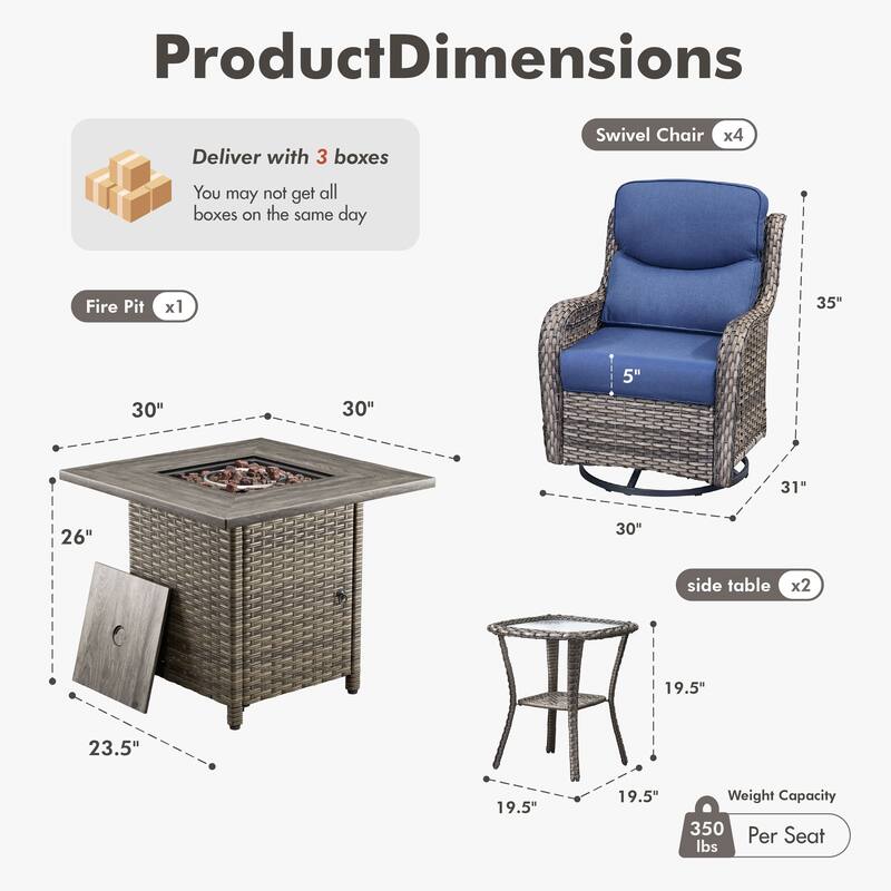 Meyreso 7-Piece Outdoor Patio Wicker Fire Pit 4 person Conversation Set with 5-Inch Thick Cushions