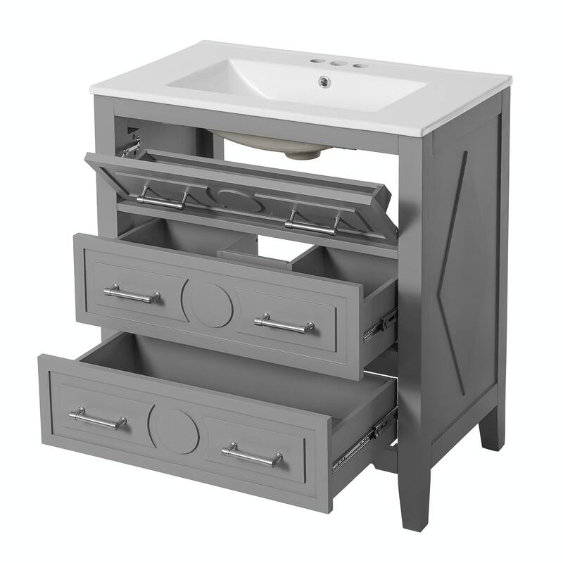 30'' Free Standing Bathroom Vanity Set with Ceramic Sink, 3 Drawers & Solid Wood Frame