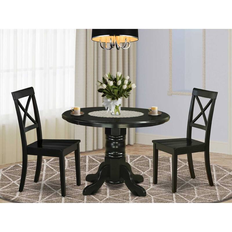 HomeStock 3-Piece Round Black Finish Solid Wood Top Dining Table with 2 Chairs