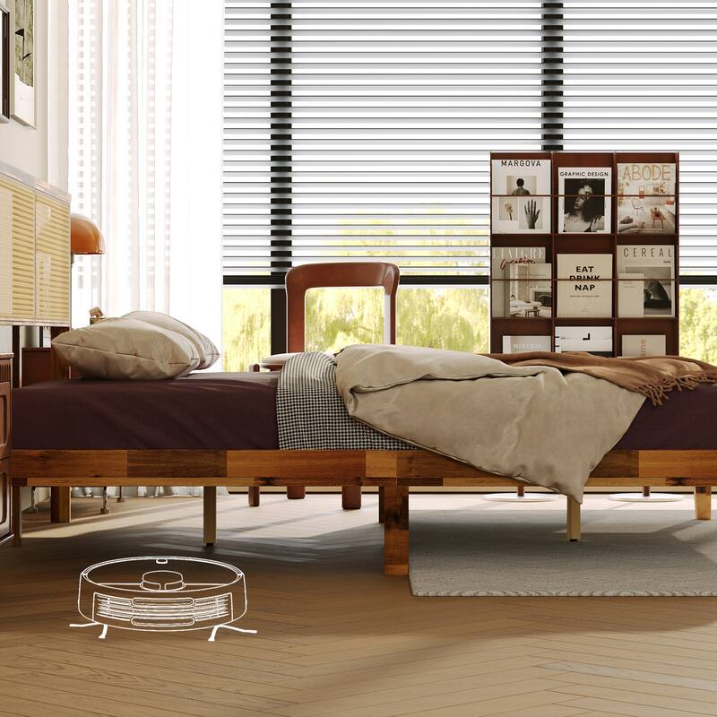 Solid Wood Bed Frame with Cane Headboard, Modern Natural Finish Platform Bed