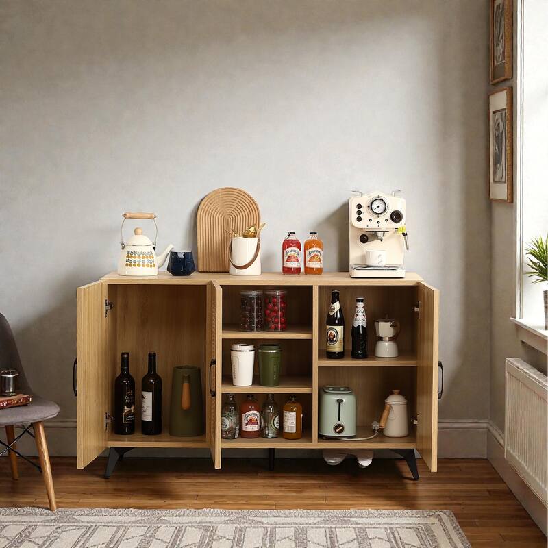 45" Three-Door Storage Cabinet with Natural Rattan Mesh, Large Kitchen Sideboard for Living Room, Dining Room, or Restaurant