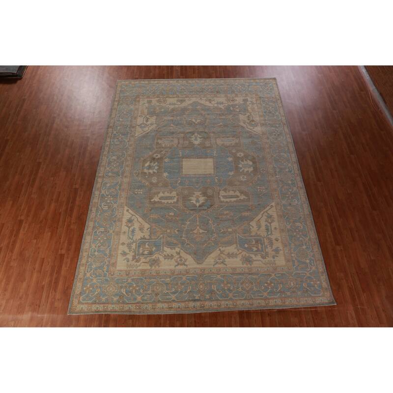 Hand Knotted Oriental 100% Wool Carpet Transitional Medallion Navy Blue & Blues Oushak Area Rug - 13' 7'' X 10' 0''