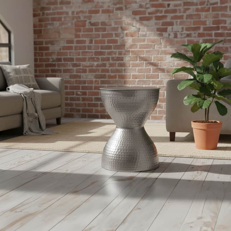 Industrial Style Hammered Texture Iron Stool with Hourglass Shaped Body, Silver