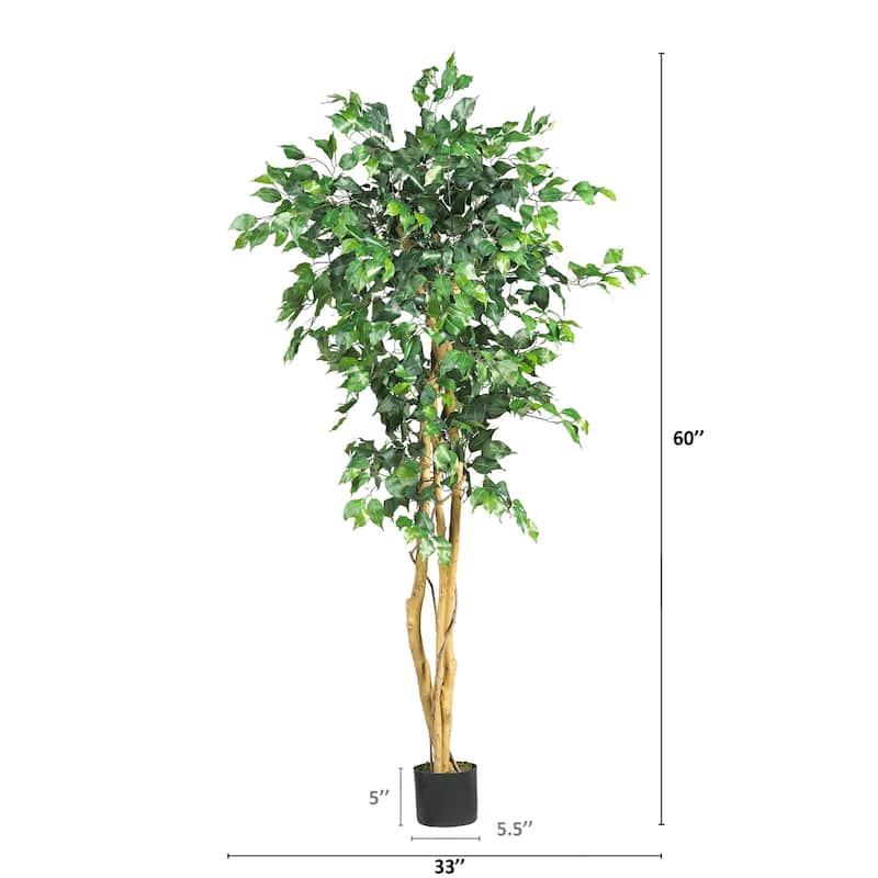 Artificial Ficus Tree 5ft - Realistic Faux Tree Indoor Decor - Elegant Green Plant for Home Office - 41-50 Inches