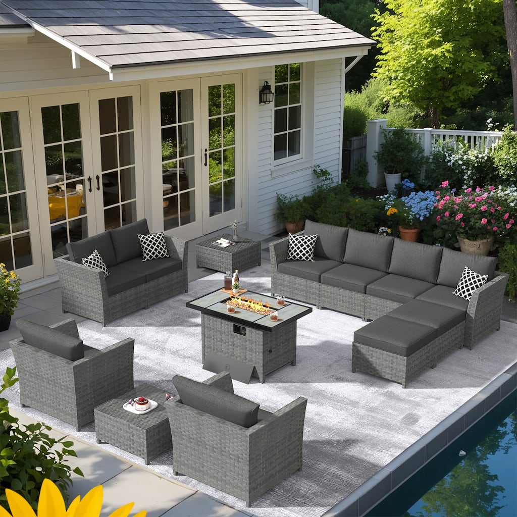 XIZZI 13-piece Patio Furniture Outdoor Wicker Sectional Set with Fire Pit