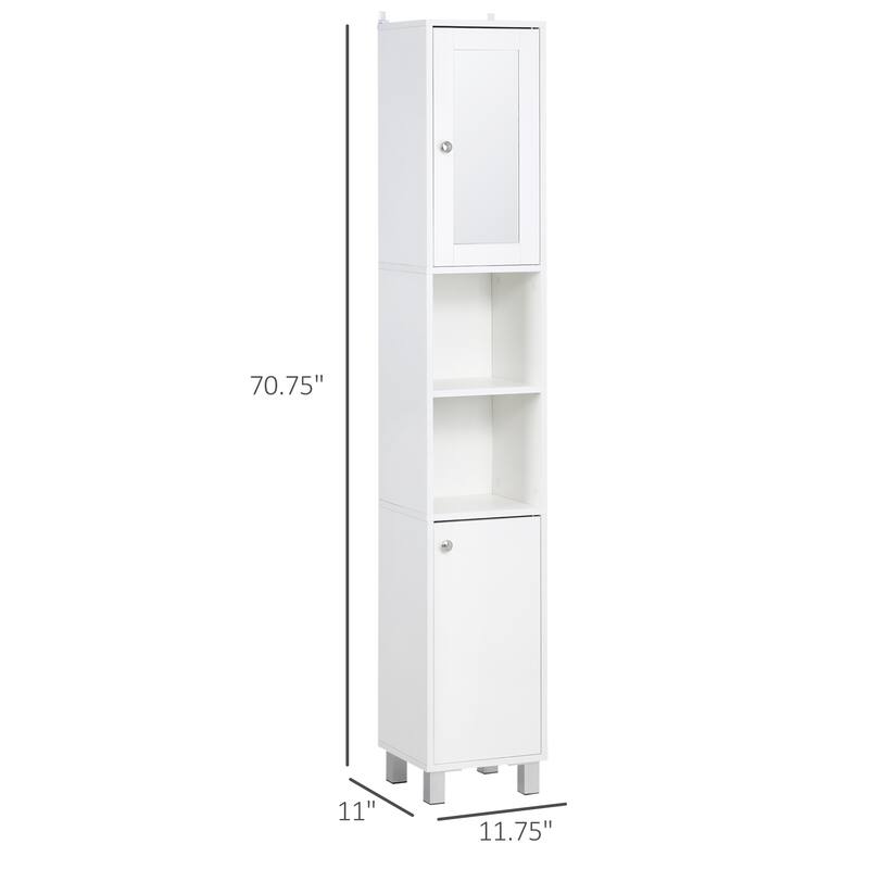White Bathroom Floor Cabinet with Mirror Door Adjustable Shelves and Two Open Storage Compartments - 11.75" W x 11" D x 70.75" H