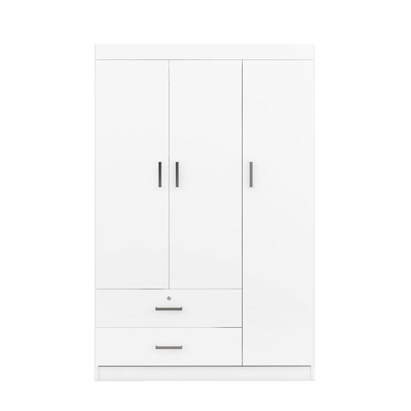 3-Door Wardrobe with 2 Drawers, Shelves & Hanging Rail, Freestanding Armoire Wardrobe Closet, Clothes Storage Cabinet Organizer