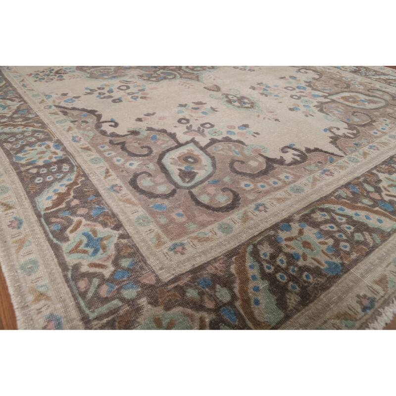 Floral Tabriz Persian Rug Hand-Knotted Traditional Beige Wool Carpet - 6'8"x 10'0"