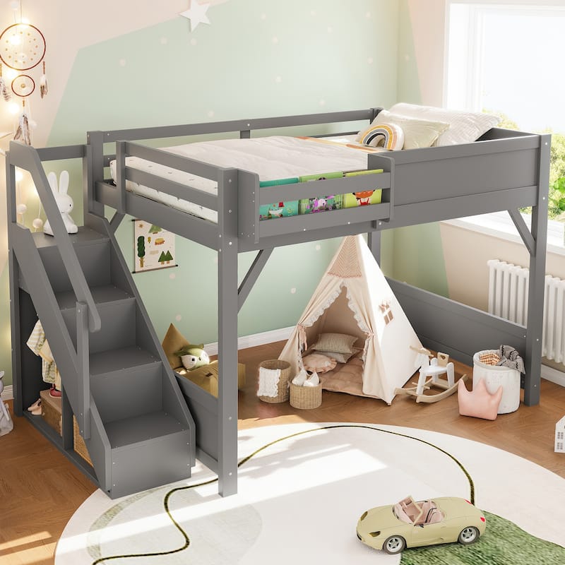 Full Size Loft Bed with Built-in Wardrobe and Storage Space, Solid Wood Loft Bed with Beside Shelves