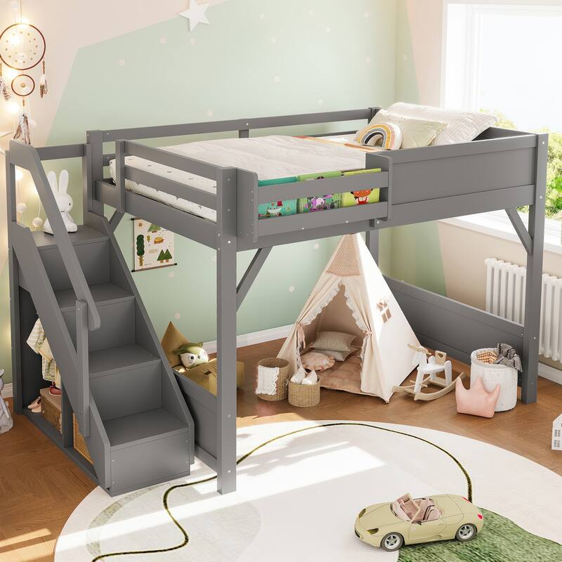 Roomfitters Loft Bed with Wardrobe and Storage Stairs, Solid Wood Frame with Bedside Shelves - Grey - Full