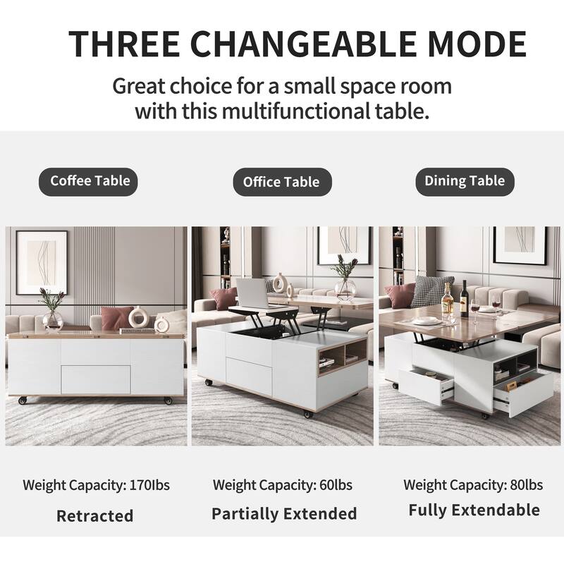 Modern Lift Top Coffee Table Multifunctional Table with Drawers & Shelves