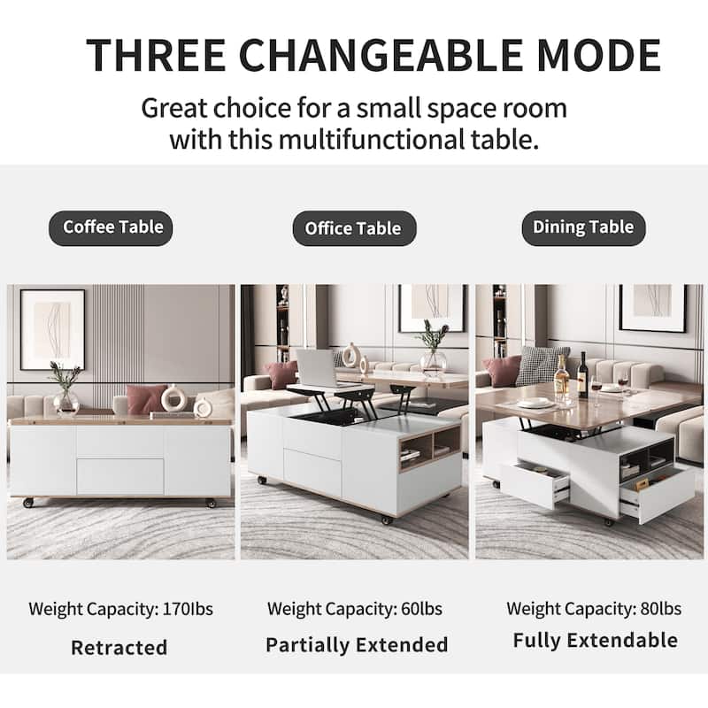 Modern Lift Top Coffee Table with 3 Drawers and Lockable Universal Wheels