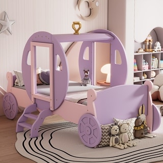 Twin Size Princess Carriage Bed with Crown, Wheels & Stair, Wooden Platform Car Bed Frame for Girls, No Box Spring Needed
