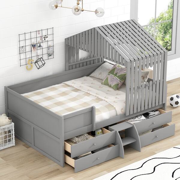 slide 2 of 9, Gray Full Size Pine Wood House Low Loft Bed with Four Drawers and Stairs