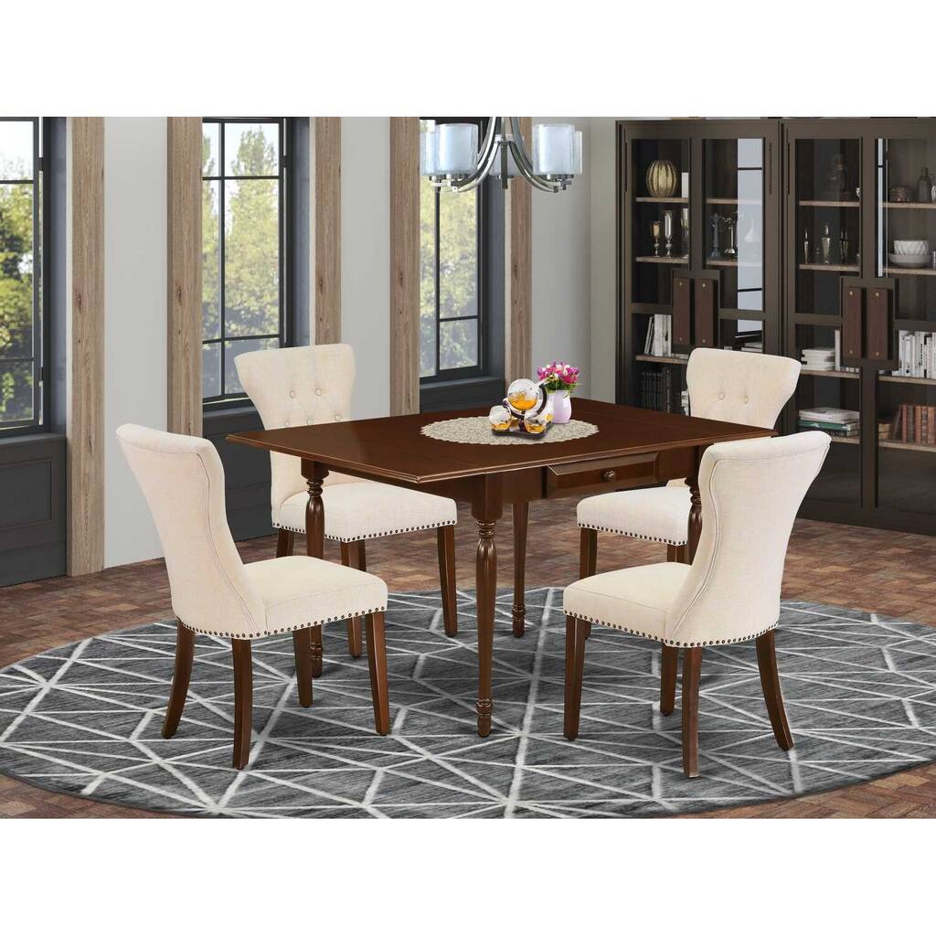 5-Piece Mahogany Finish Solid Wood Top - Button Tufted Dining Room Set - Seats 4