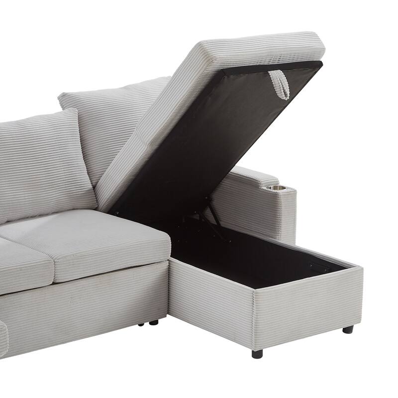 Roomfitters Convertible Sofa Bed 109.5" U-Shaped Sectional Upholstered Sofa with Storage Chaise, Cup Holders and USB Ports
