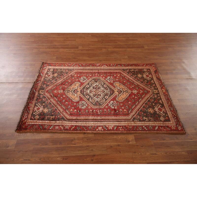 Geometric Red Shiraz Persian Vintage Rug Handmade Wool Carpet - 3'7"x 4'11"