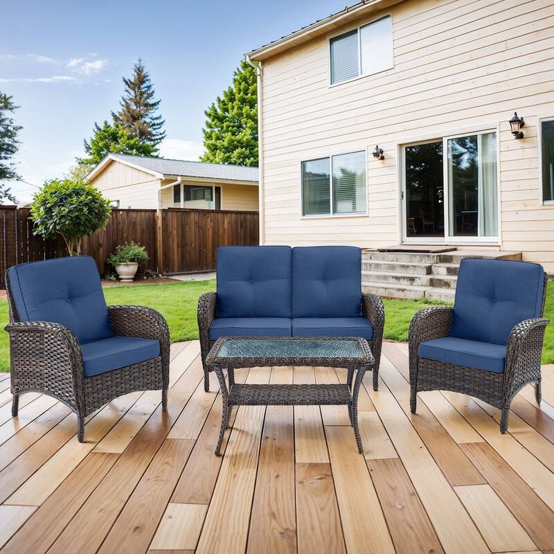 Patio Wicker Chair with Loveseat Table - Brown - Blue - Brown