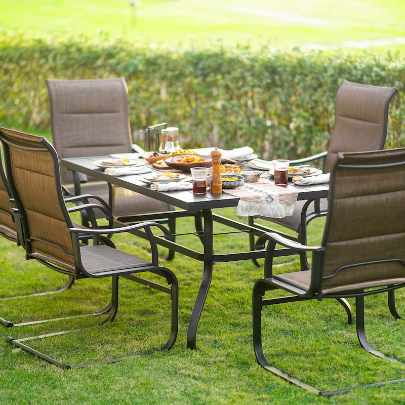 Outdoor Dining Set of 6 with Umbrella Hole, Breathable Textilene and Iron