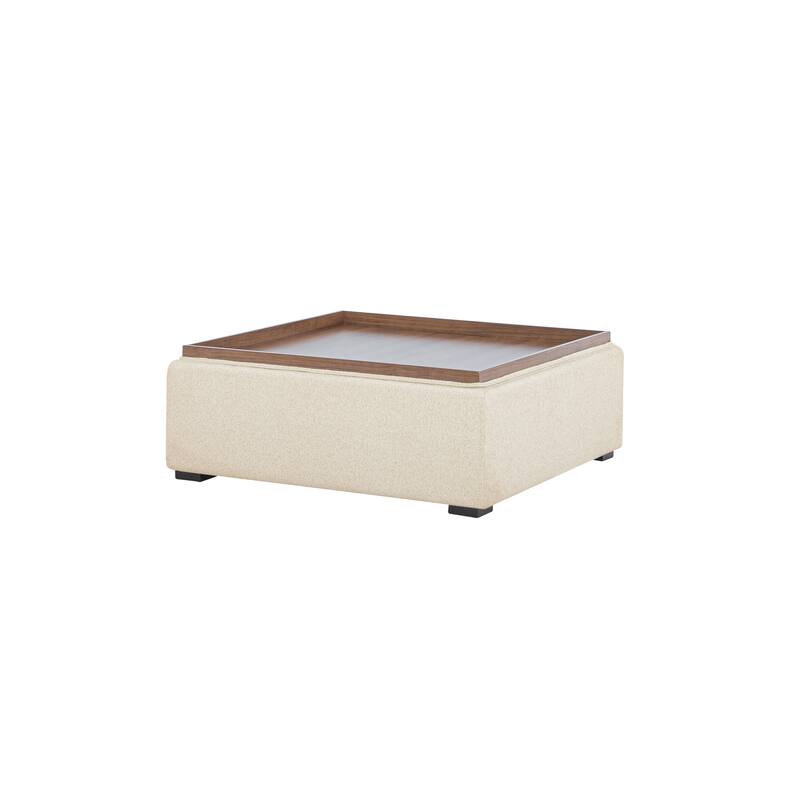 NADAAL STUDIOS Mirelda Ottoman, Flip-Top Upholstered Storage with Walnut-Look Tray Surface, Flecked Oat