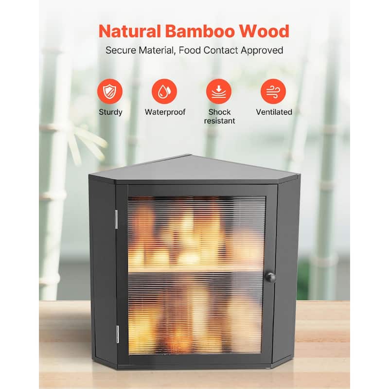 Black Wicker Wood Corner Bread Box with Double Layer Adjustable Shelves and Acrylic Door - 12.60” x 12.60” x 16.73”
