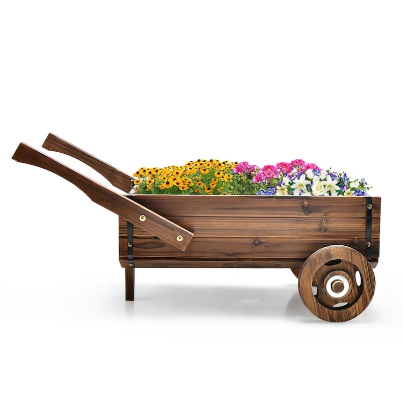 Costway Decorative Wagon Cart Plant Flower Pot Stand Wooden Raised - 32'' x 15.5'' x 15'' (L x W x H)