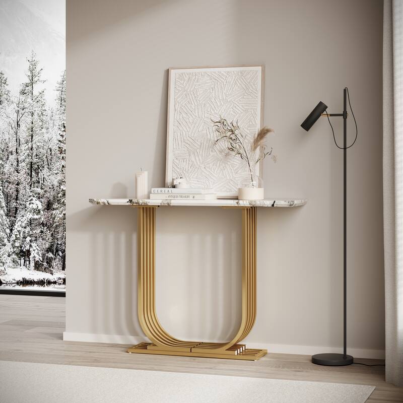 43.3 Inch Narrow Console Table - Modern Wooden Imitation Marble Top