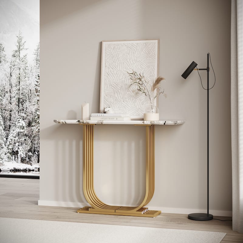 43.3-inch Accent Table, Modern wooden imitation marble counter top Console Table, Narrow type, sofa, Living room