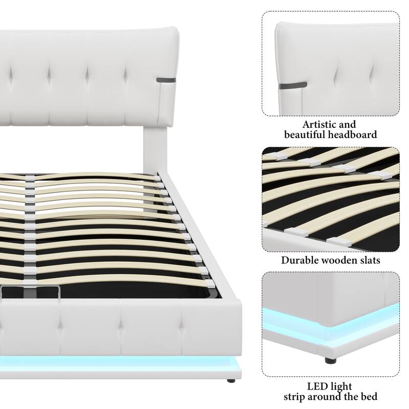 Grounded Bed Upholstered Platform Bed w/ Storage Underneath, White Full